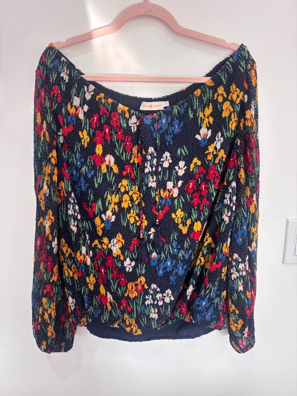Tory Burch Josephine Floral Pleated Tassel Blouse Navy Women’s M (RETAIL $295)